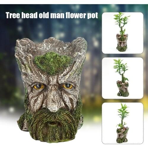 Man Face Tree Trunk Pot Treeman Flower Planter with Green Beard Decorative Resin Flower Pot for Garden Plant XH8Z