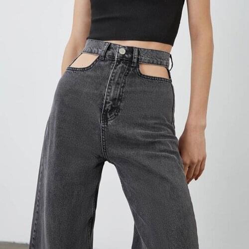 COKAGO Cotton Jean Women Hollow Out Fashion Jeans Woman High Waist Pants Straight Leg Black Denim Overalls Clothing Streetwear