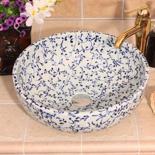China Artistic Handmade porcelain art Lavobo Round Countertop blue wash basin
