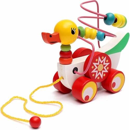 Colorful Wooden Pull Walk Along Duck Toy Bead Development Intelligence Kid Gift