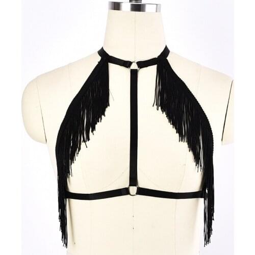 Fashion Women Body Harness Belt Sexy Black Tassels Harness Bra Bondage Sexy Lingerie Bustier Goth Rave Wear Pole Dance Cage Bra