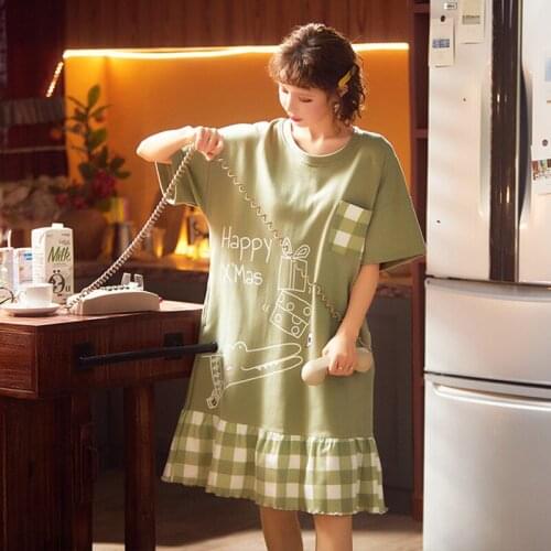 Plus Size Women Cotton Cartoon Sleepwear Short Sleeve Cute Nightdress Negligee Summer Nightgown Casual Nightshirt Home Dress