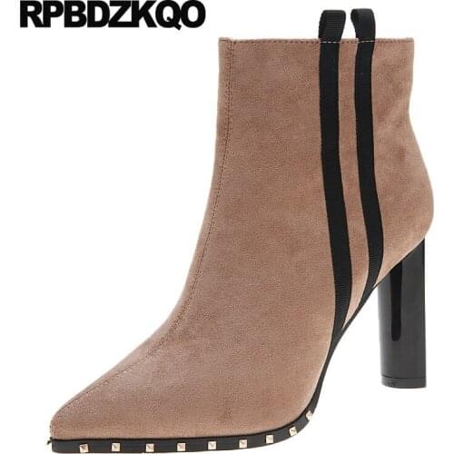 Pointed Toe Shoes Sexy Stud Embellished Side Zip Boots Autumn Booties Short High Heel Brand 2021 Women Chunky Rivet Ankle Suede