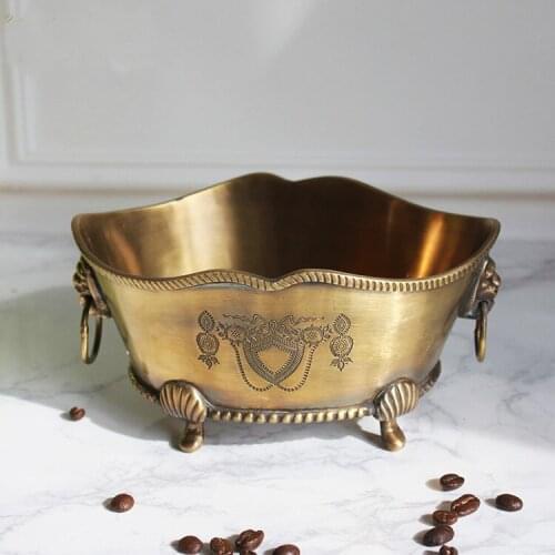 Handmade brass pure copper double ear lace fruit tray with handle home receptacle decoration tray snack tray