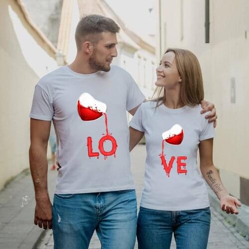 Seeyoushy Valentines Day Couple Clothes Hearts Wine Love Printed Graphic T Shirts Couples Harajuku Plus Size Clothing Ropa Mujer