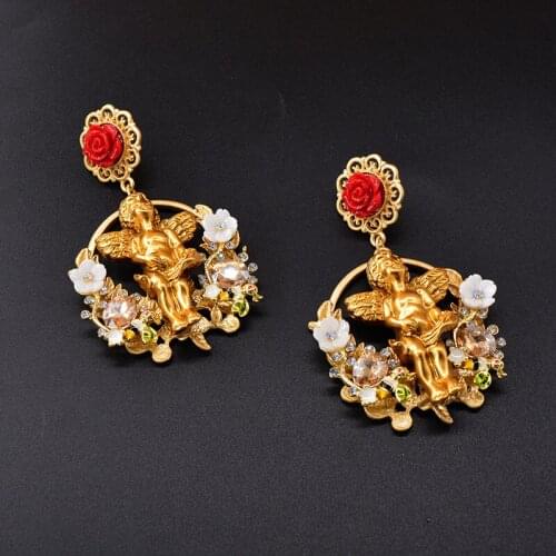 Baroque Earrings Fashion Angel Rose Flower Drop Earrings For Women Palace Earrings Female Temperament Jewelry