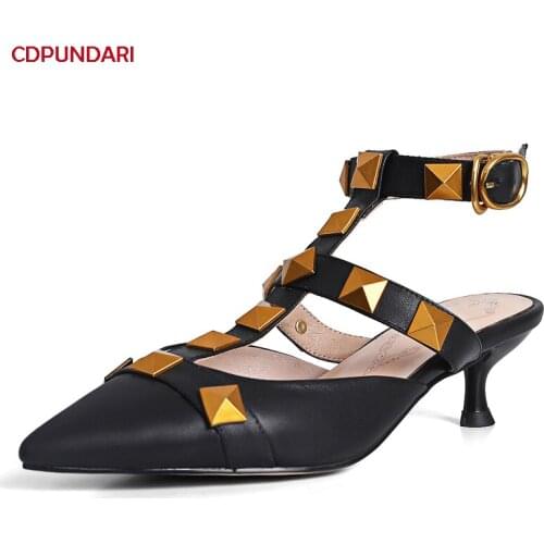 Sexy Pointed Toe Genuine Leath High Heels Pumps Ladies Spring Summer Rivet Party Shoes Tacones Mujer Escarpins Femme