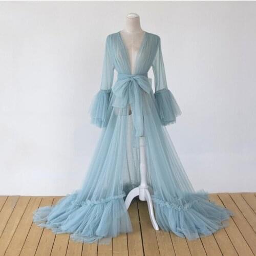 Vestido De Mulher Blue See Thru Long Robe Sleepy Gowns Ruffles Tiered Full Sleeves Tulle Dresses Summer 2020