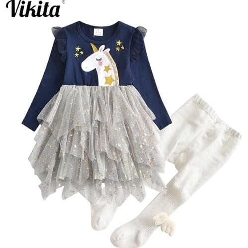 VIKITA Girls Clothing Sets Autumn and Winter Long Sleeve Tutu Dress and Elastic Leggings 2pcs Children Unicorn Suit Girl Clothes