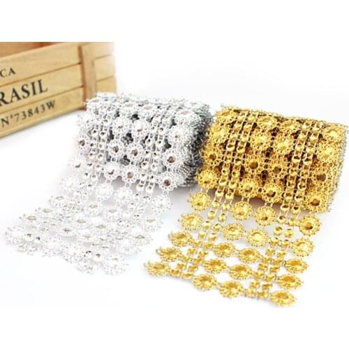 1Yard Bling Sun Flower Acrylic Mesh Roll Ribbon Chain Fabric Wrap Crystal Ribbons Tape Tulle Event Party Wedding DIY Decorations