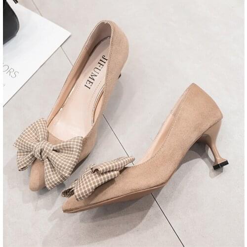 Womens shoes work shoes ribbon bow decoration pointed High heels female spring new wild shallow mouth womens shoes U18-36