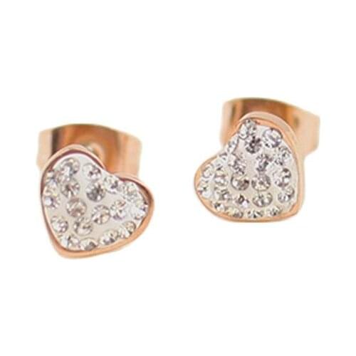 18KGP Rose Gold Color Shiny CZ Zircon Heart Stud Earrings Charm Brand Women Titanium Steel Jewelry (GE110)