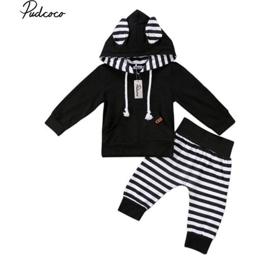 2PCS Newborn hoodies Toddler Infant Kid Gift Baby Boy Girl Clothes Little Ear Hoodie T-shirt Top+Pants Striped Outfit Set