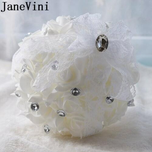 JaneVini Diameter 22CM Crystal Wedding Bouquet Foam Soap Rose Flowers Beaded Bridesmaid Bouquet Lace White Ivory Bridal Brooch