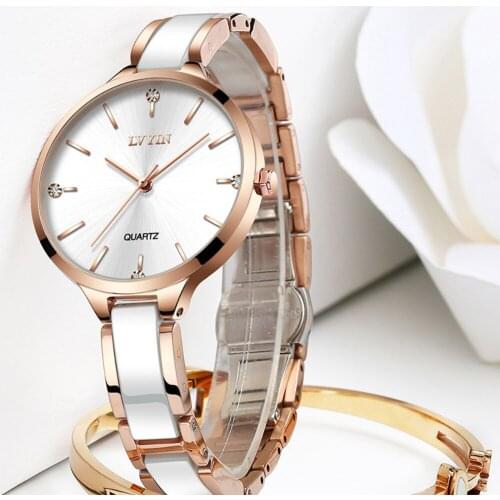 Fashion Watch Women Ceramic Ladies Wristwatch Rose Gold Business Elegant Watches Waterproof Diamond Quartz Wristwatches 2021
