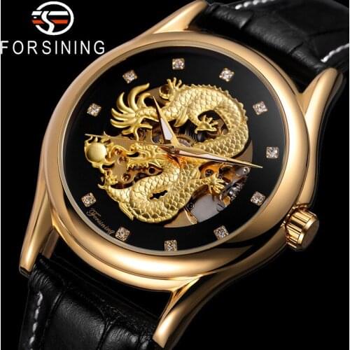 FORSINING New Men Wristwatch Military Sport Automatic Mechanical Male Clock Top Brand Luxury Dragon Dial Skeleton Man Watch 8151