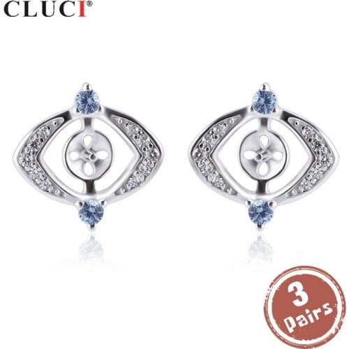 CLUCI 3 Pair Silver 925 Mysterious Eyes Women Stud Earring Jewelry for Wedding Zircon Sterling Silver Pearl Mounting SE138SB