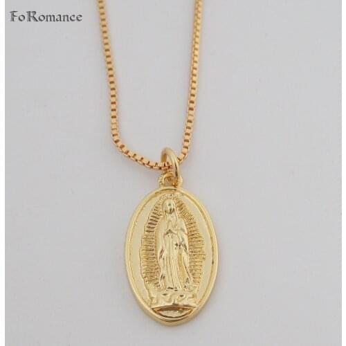 Foromance - YELLOW GOLD GP 18" BOX LINK CHAIN NECKLACE & VIRGIN MARY CHRISTIAN JESUS CROSS OVAL PENDANT TALL 25MM 0.98 inch