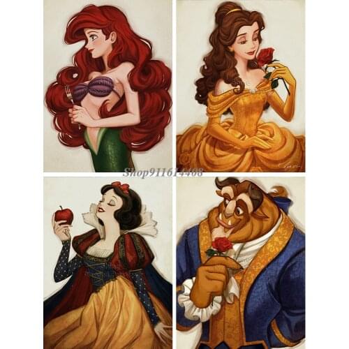 Canvas Painting Disney Modern Anime Mermaid Beauty Beast Wall Art Pictures and Prints Poster for Children Home Living Room Decor