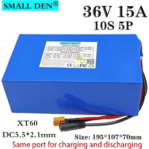 36V 15Ah 18650 Lithium battery pack Electric Bike Refit battery 10S5P 1000W Scooter backup power Battery with 25A BMS+ XT60 plug