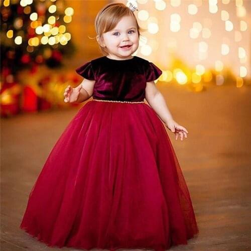 Fashion Elegant Baby Kids Flower Girls Short Sleeve Velvet Tutu Tulle Dress Princess Wedding Pageant Party Dresses