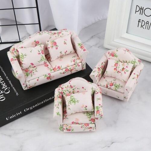3Pcs Soft Flower Sofa For Dolls Mini Furniture Toy Pretend Play 1:12 Toy For Girls Gifts Children Decoration Miniature Dollhouse