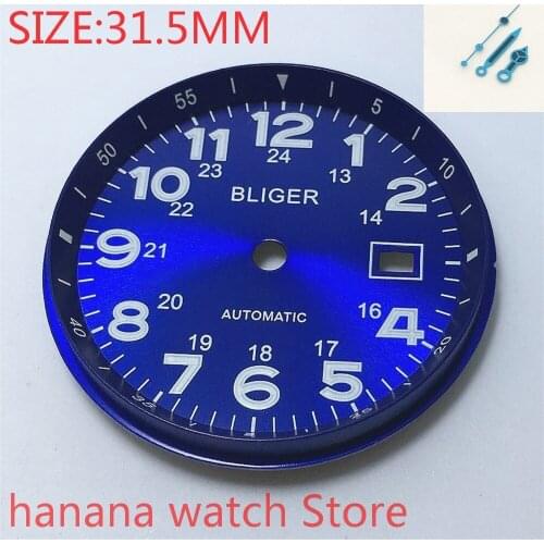 Bliger 31.5mm Dial Date Kit with Hands MH35 36 Mens Watch Night Plate Parts blue