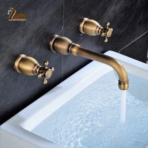 ZGRK Wall Basin Faucet Set Brass Double Handle Wall Mounted Bathroom Sink Faucet Hot And Cold Wall tap