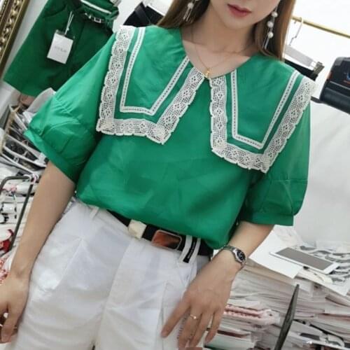 2021 summer new retro style thin doll collar lace stitching Korean loose aging Ruffle Shirt Short Sleeve