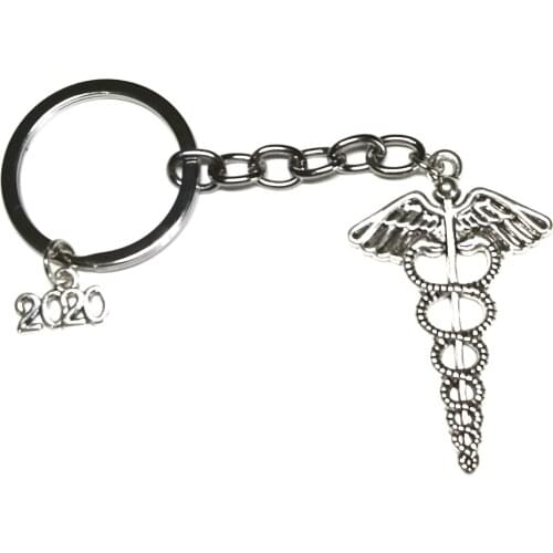 New Fashion 30mm Key Ring Metal Key Chain Keychain Jewelry Antique Silver Plated caduceus medical symbol md Pendant