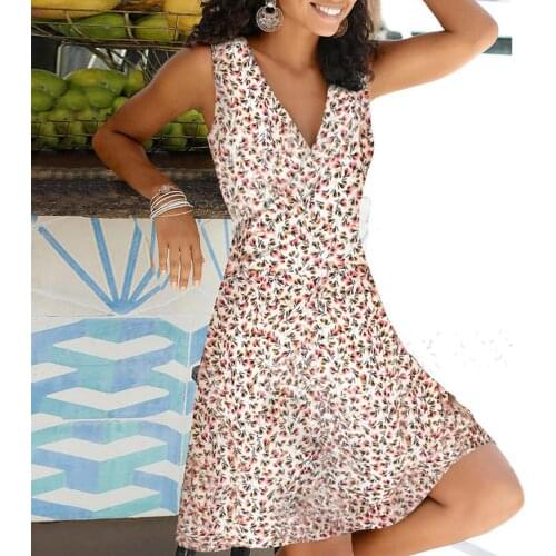 Bohemian Women Casual Floral Print Dresses Sleeveless V-neck Cross Dress Elegant Classic Beach Dress Kobieta Sukienka Платья