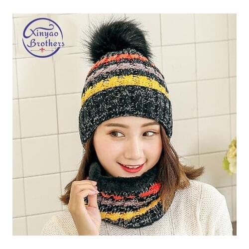 2019 Winter Women Knitted Colorful Hat Scarf Female Warm Hat Scarf Set Fashion Thickening Hat Set Casual Snow Caps