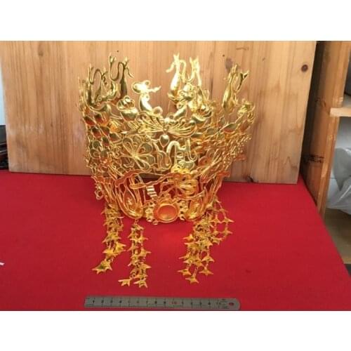 Traditional Hand Carving Gold Plated Miao Silver Hair Crownpiece Hanfu Accessory Hair Tiara for Wedding or TV Play