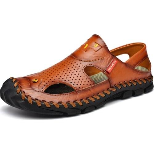 Туфли босоножки Large leather casual shoes retro summer sandals mens classic outdoor beach hiking shoes обувь мужская летняя 46