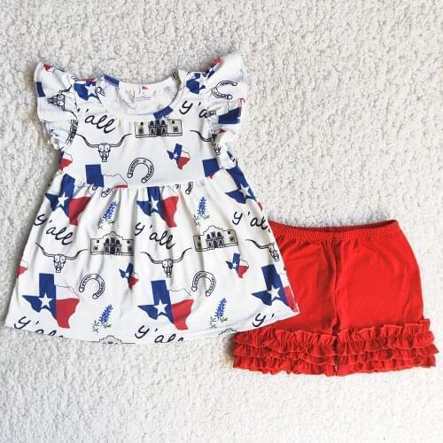 RTS Summer Girls Clothing Boutique Toddler Girl Clothes Sets Flutter Sleeve Tunic Match Ruffle Shorts Wholesale Children Clothes