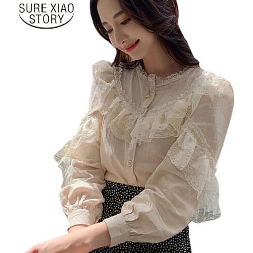 Korean Fashion Clothing Long Sleeve Lace Tops Elegant Female Vintage Lace Stitching Casual Blouse 2021 New Women Shirt 8049 50