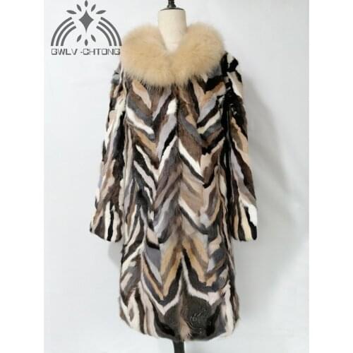 Genuine real natural mink fur coat with fox fur collar womens x-long mulit-color colorful jacket ladies overcoat warm winter