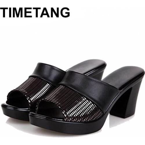 TIMETANG2019 new women sandals women genuine leather slippers thick-heeled color block decoration open toe women sandals E1316