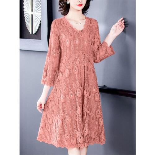 Hook Flower Hollow Out Dress Spring Fall New Plus Size Womens Loose Three-Quarter Sleeve Lace Stitching Embroidery Dress y1289