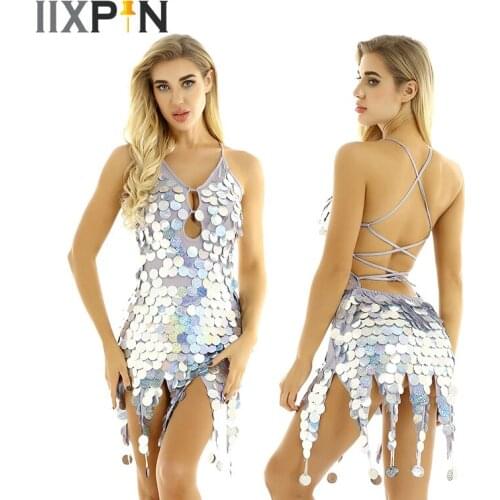 Womens Latin Dress Shiny Glitter Sequins Dance Dress Haltered V-Neck Backless Dress rumba Salsa Tango Cha Cha jazz Dance Costume