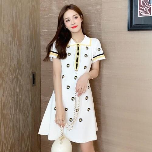 2020 New Summer Dress Elegant Casual Women Embroidery Chrysanthemum O-neck Female shirt dresses Knitting Mini Office Lady Dress