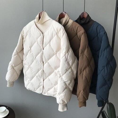 Winter Korean Solid Casual Oversize Parkas Short Coat Womens Rhombus Pattern Loose Warm Outerwear