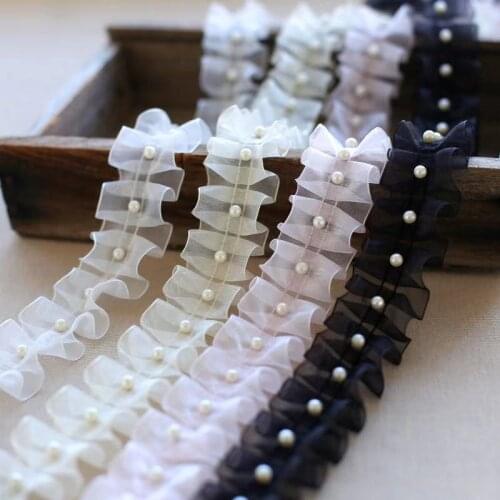 1meter 4cm Wide White/Black/Pink/Apricot Pearl Beaded Lace Trim Tape Organza Ruffled Ribbon DIY Crafts Sewing Materials