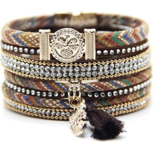 1pc/lot 2018 fashion hot multi-layer leather rope bracelet alloy owl magnetic buckle tassel bracelet jewelry free shipping