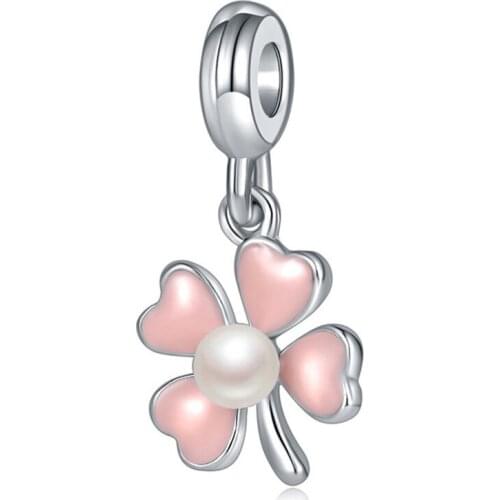 1Pcs New Pretty Four Leaf Clover Pearl Pendant DIY Beads Suitable for Original Pandora Charm Bracelet Ladies Jewelry Making Gift