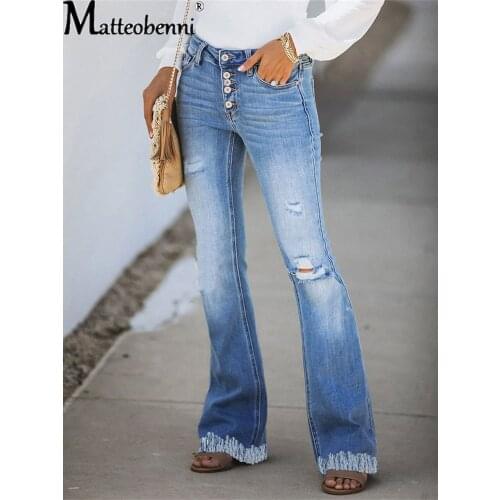 2021 Sexy High Waist Elastic Vintage Flare Jeans Women Buttons Ripped Bell Bottom Skinny Jeans Female Blue Wide Leg Denim Pants