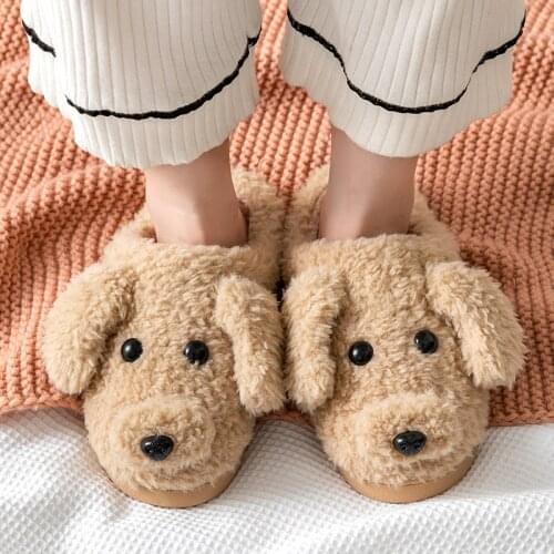 2021 Cute Cartoon Animal Women Winter Warm Plush Home Fluffy Flat Slides Faux Fur Teddy Dog Slippers Cotton House Floor Shoes
