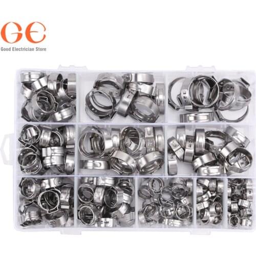 210pcs Single Ear Stepless Hose Clamps 5.8-23.5mm 304 Stainless Steel Hose Clamps Cinch Clamp Rings for Sealing Kinds of Hose