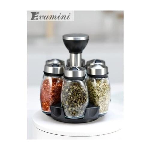 6+1PCS Rotatable Transparent Glass Seasoning Box Set Stainless steel Shelf Jar Kitchen Storage Salt Shaker Sealed Moisture House
