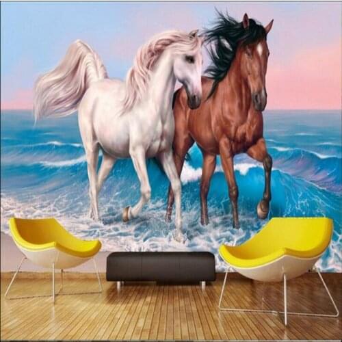 Beibehang Large custom wallpapers hand painted happiness double horse sea romantic living room bedroom TV backdrop